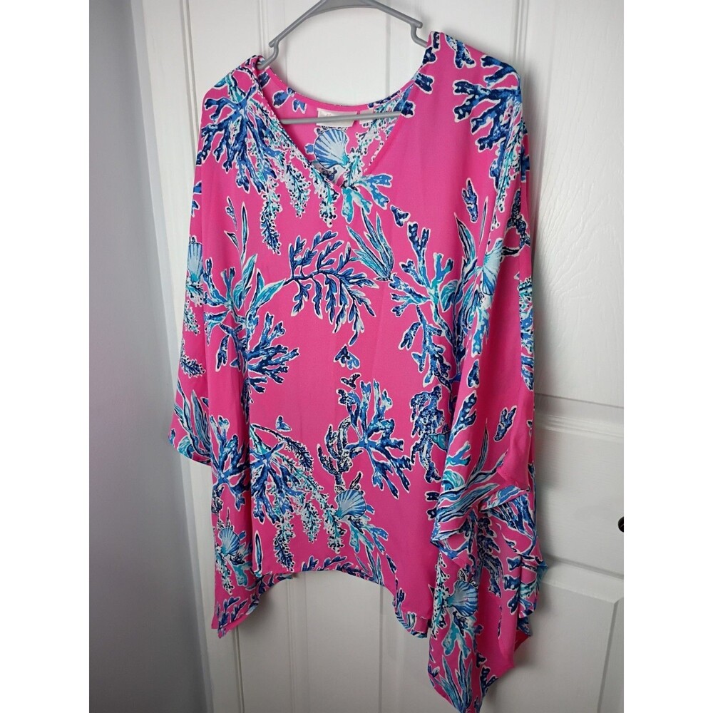 Belle By Kim Gravel 1X Cape Sheer Pink V Neck Pullover Seaside Print asymetrical